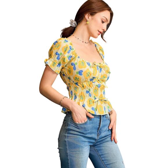 UMGEE Yellow Blue Floral Smocked Peplum Short Sleeve Blouse Top NEW - Picture 1 of 7